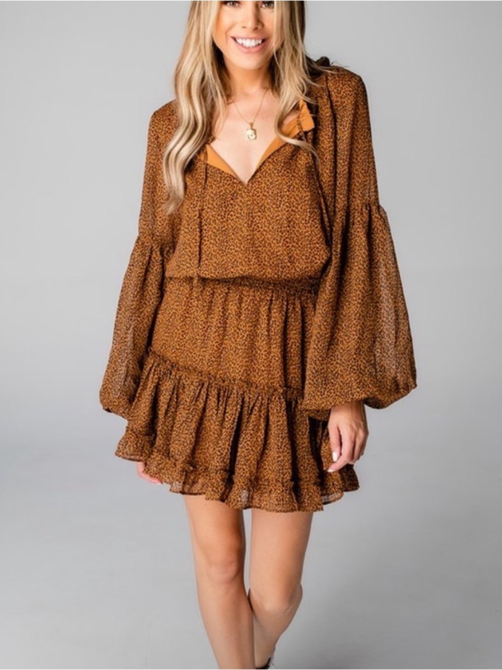 NWT Buddy Love Zozo Elastic Waist Brown Leopard Ruffle Long Sleeve Dress Medium
